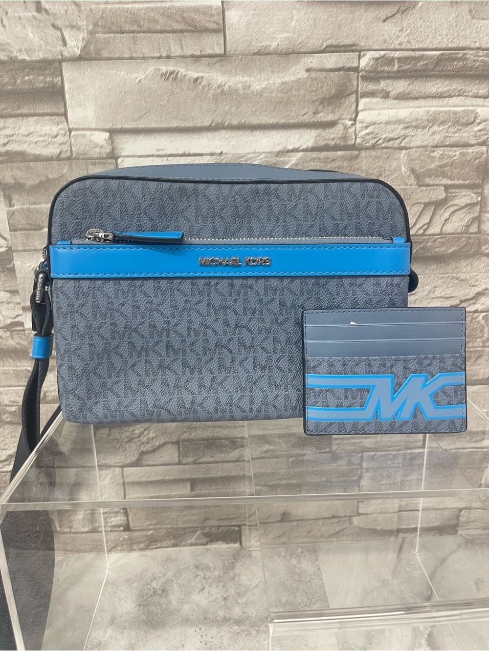 Michael Kors Cooper Utility Messenger & Card Holder Unisex Blue Logo Denim Multi
